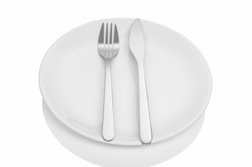 Dining etiquette - the meal is over or finished. Fork and knife signals with location of cutlery set. Photo illustration isolated on white background.