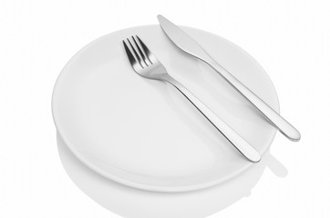 Dining etiquette - the meal is over. Fork and knife signals with location of cutlery set. Photo illustration isolated on white background.