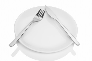 Dining etiquette - I still eat, pause. Fork and knife signals with location of cutlery set. Photo illustration isolated on white background.