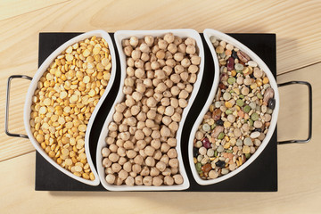 various legumes and beans in bowls