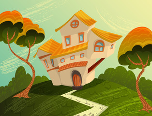 Landscape with house and trees. Cartoon vector illustration