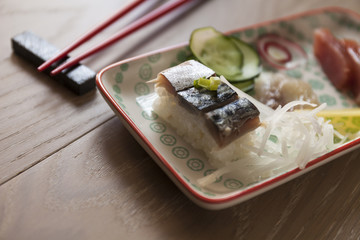 Japan food : Fancy sushi dish with Oshizushi & sashimi