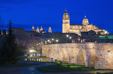 SALAMANCA, SPAIN, APRIL - 17, 2016: The Cathedral and bridge Puente Romano over the Rio Tormes river at dusk.