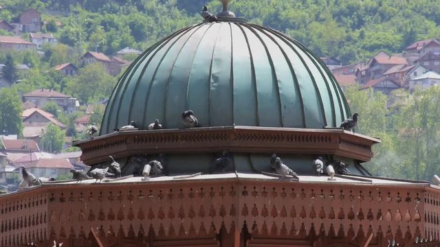 Sarajevo old town pigeons top minaret Bascarsija