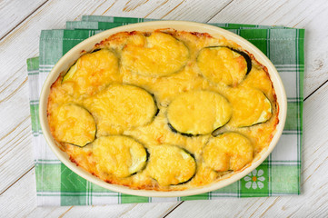 Casserole with zucchini, chicken and cheese. 