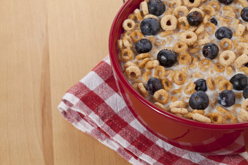 cropped image of cereal and blueberries in a red bowl