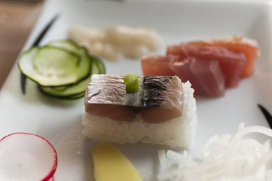 Japan food : Fancy sushi dish with Oshizushi & sashimi