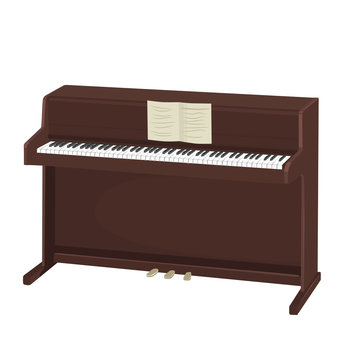brown upright piano with notes on white background