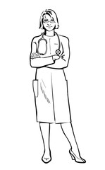 Realistic Physicians upright. Should the doctor a young girl. man in a medical dressing gown. People stand with his arms crossed. Doctors warn. A close look. Hand-drawn style.