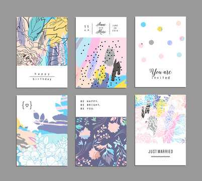 Set of creative universal floral cards with place for your text. Vector