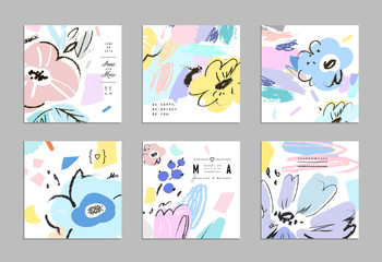 Set of creative universal floral cards. Wedding, anniversary, birthday, Valentin's day, party invitations, art poster. Vector. Isolated.