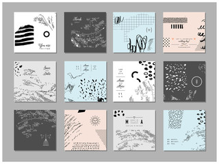 Set of artistic creative universal cards. Hand Drawn textures. Vector