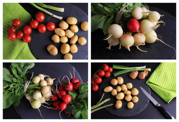 Collage set of Fresh, raw, organic vegetables on black background. New potatoes, green onion, radishes. . Cooking, Healthy eating concept.