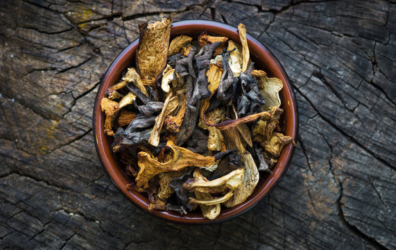 Dried mushroom on wood background