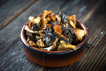 Dried mushroom on wooden background