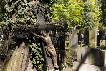 Historic Jesus on the spring mystery old Prague Cemetery, Czech Republic