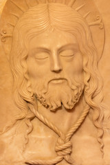 AVILA, SPAIN, APRIL - 18, 2016: The alabastirne relief "Santa Faz - Holy Face" by Vasco de la Zarza (1515) in Catedral de Cristo Salvador.