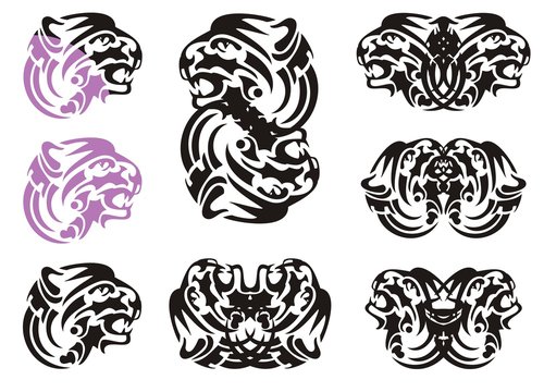 Tribal tiger head symbols. Flaming growling tiger head in violet and black color and double symbols of the tiger head