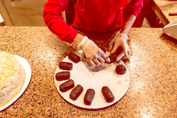manufacture of chocolate cakes in restaurant