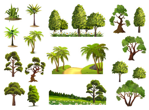 Trees, nature, forest, vector icons set