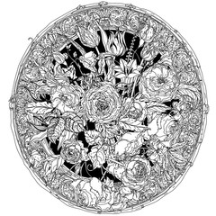 Hand drawing zentangle element. Black and white. Flower mandala.