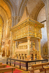 AVILA, SPAIN, APRIL - 19, 2016: The romanesque polychrome funeral memorial Cenotafio de los Santos Hermanos Martires church Basilica de San Vicente from 12. cent. with the baldachin from 15. cent. © Renáta Sedmáková
