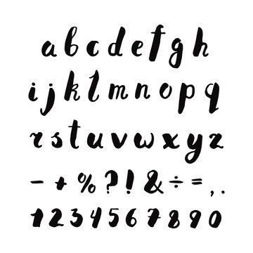 Alphabet, numbers and punctuation marks ink handwritten lettering. Hipster and vintage style. Perfect for your design!