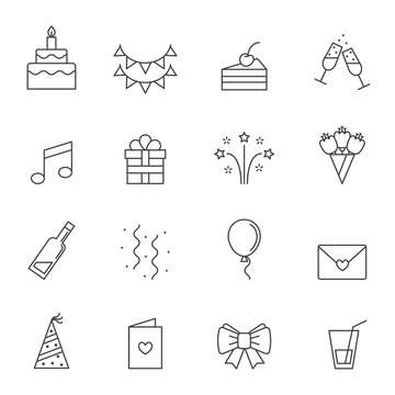 Happy birthday party vector icons set. Modern outline minimalistic design.