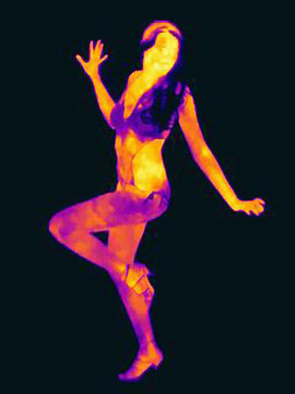 Thermal image of young woman, partially clothed, in provocative pose