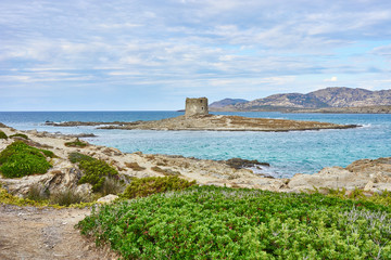 Toren op eiland bij noordstrand van Sardinië / Strand &quot La Pelosa&quot  in Sardinië - Italië