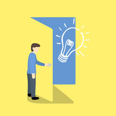 Businessman Stand Hold Handle Open Door with light bulb.