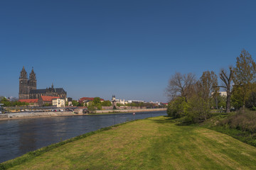 View on Magdeburg city and Elbe in Spring, Magdeburg, Germany