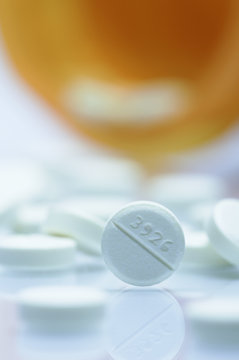 Close up of circular white pill, Diazepam