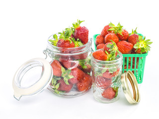 fresh whole strawberries in wooden bowl