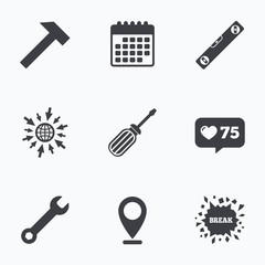 Screwdriver and bubble level, hammer.