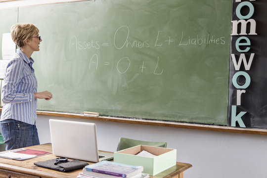 Female teacher in classroom, looking at words on blackboard