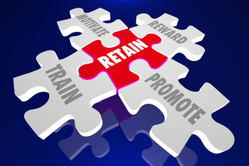 Retain Employees Train Motivate Reward Promote Puzzle Pieces 3d