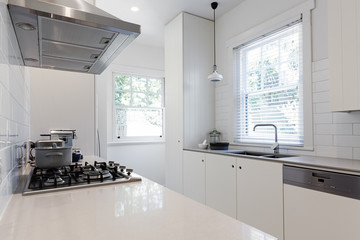 New renovated crisp white galley style kitchen