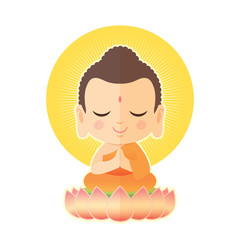 Buddha sitting on lotus. Cute Buddha cartoon vector illustration isolated on white background.