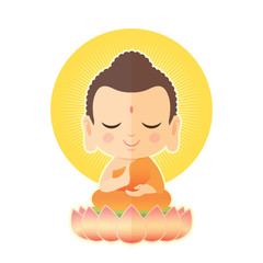 Buddha sitting on lotus. Cute Buddha cartoon vector illustration isolated on white background.
