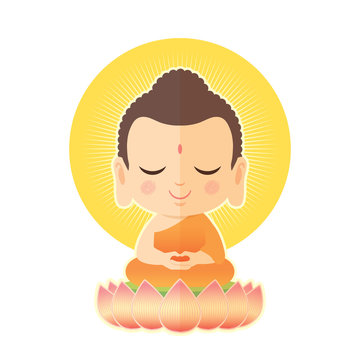 Buddha sitting on lotus. Cute Buddha cartoon vector illustration isolated on white background.