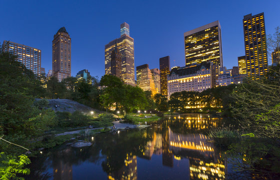 Skyline in reflection lake in Central Park at night, New York, USA