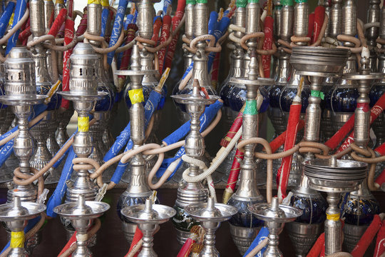 Rows of hookahs in bazaar,  Dubai, United Arab Emirates
