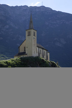 Low angle view of mountain church, Val Formazza, Piedmont, Italy