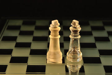 Chess pieces displayed on a glass chess board