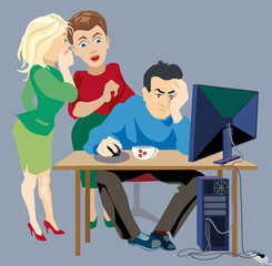 women gossip about a man sitting at a computer