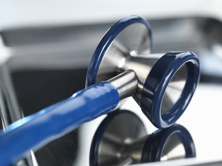 Close-up view of stethoscope on medical tray