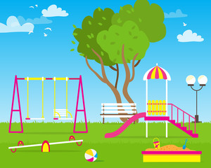 Colorful Children's playground with Swings, slide, sandbox, bench, teeter board. Kids playground. School Children's park. Buildings for city construction. Kindergarten Vector flat design illustration