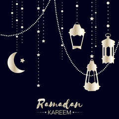 Silver Ramadan Kareem celebration greeting card. Hanging arabic lamps, stars and crescent moon. Holy month of muslim. Symbol of Islam. Moon Ramadan. Vector illustration. © masherdraws