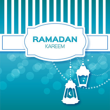 Blue Stripes Ramadan Kareem celebration greeting card. Hanging arabic lamps, stars and crescent moon. Holy month of muslim. Symbol of Islam. Moon Ramadan. Vector illustration.